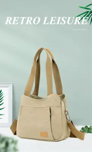 Detailed view of casual canvas shoulder bag with dual handles, spacious capacity and khaki finish.