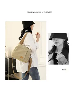 Detailed view of the casual canvas shoulder bag, showing durable fabric and stylish strap.
