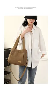 Casual brown canvas shoulder bag for women, versatile large capacity crossbody bag with straps.