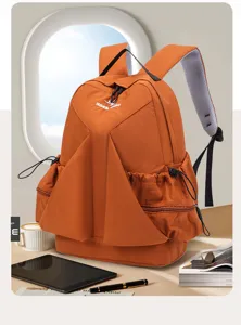 Stylish orange nylon canvas backpack with pleated front design, large capacity and casual daily use.