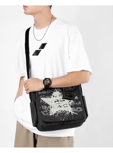 Men's casual canvas messenger bag large capacity crossbody shoulder bag with star print