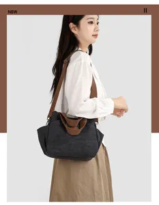 Women vintage canvas shoulder bag, casual crossbody handbag with brown straps, detail view.