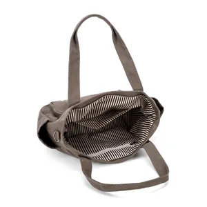 Vintage canvas tote bag for women, casual single shoulder travel bag with striped lining.