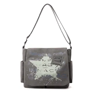 Men Casual Canvas Shoulder Bag Large Capacity Vintage Messenger Crossbody Bag With Star Print