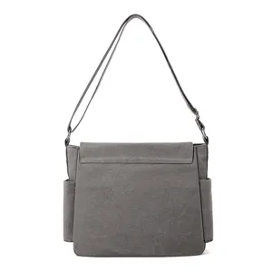 Men grey canvas messenger bag casual crossbody shoulder bag with flap and side pockets