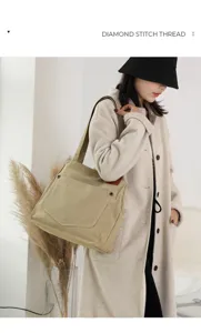 Détail du sac à bandoulière en toile avec grande capacité et une sangle très confortable.