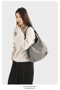 Women grey canvas shoulder bag casual hobo handbag retro daily tote bag for ladies