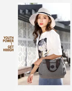 Casual canvas shoulder bag for women, stylish grey crossbody bag with top handles, daily use.