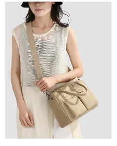 Casual canvas tote bag for women large capacity daily shoulder crossbody handbag khaki color