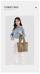 Detailed view of the casual canvas tote bag featuring durable wide straps and ample daily storage.