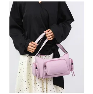 Bolso de hombro de nailon morado de moda con múltiples bolsillos, bolso casual.