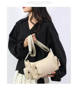 Bolso de hombro de nylon elegante con múltiples bolsillos para uso diario casual.