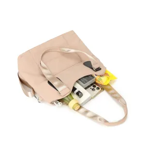 Casual waterproof nylon tote bag for women, stylish pink shoulder bag with large capacity.