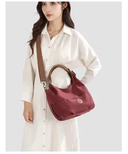 Canvas shoulder bag for women, casual wine red hobo tote bag with handles and strap.