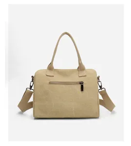 Canvas shoulder crossbody bag detail showing zipper pocket, durable hardware and sturdy handles.