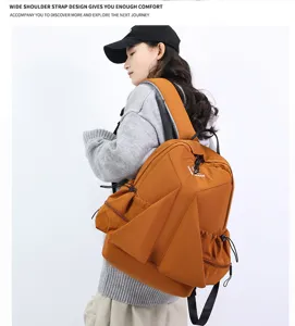 Casual pleated nylon canvas backpack for women students, large capacity drawstring school bag.