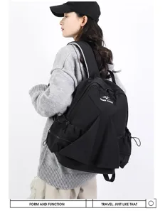 Casual versatile pleated nylon canvas backpack, Japanese style drawstring school bag.