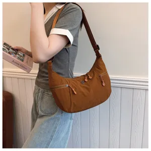 Brown nylon shoulder bag casual hobo crossbody bag stylish daily commuter versatile purse