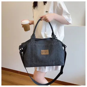 Elegante borsa a tracolla in denim grigio scuro da donna, grande capacità per viaggi.