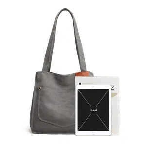 Sac à bandoulière en toile grise, grand cabas fourre-tout avec poche pour tous les jours.