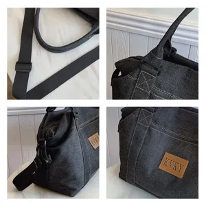 Borsa a tracolla classica in denim scuro di grande capienza, elegante borsa da viaggio casual.