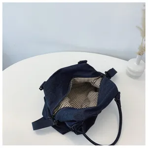 Borsa a tracolla in denim casual con fodera a righe, grande borsa da viaggio per donna.