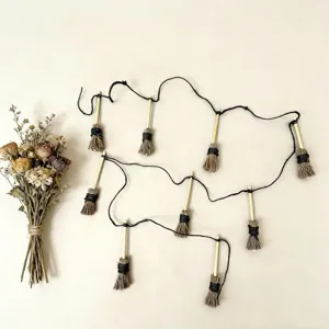 Mini witch broom hanging decor set for Halloween party and rustic home decoration, 9 pieces.