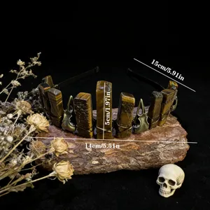 Natural tiger eye stone gothic headband with crow skull element, dark style crown prop.