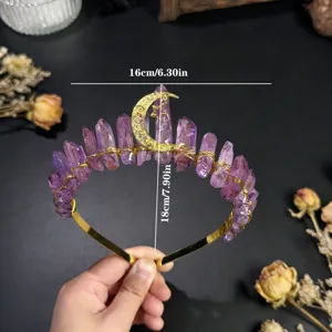 Detailed view of crystal crown headband with purple quartz and gold moon star design.