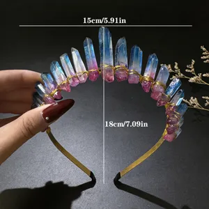 Natural crystal crown headband detail shot showing dimensions and gemstone texture features.