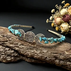 Exquisite turquoise crystal moon headband, handmade celestial tiara for festival bridal wear.