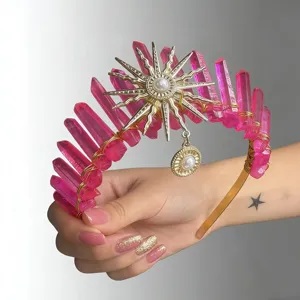 Pink crystal sun crown headband goddess tiara pearl hair accessory for women festival party