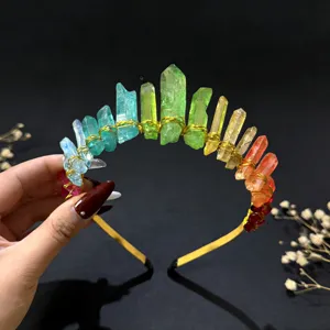 Rainbow natural crystal crown headband wire-wrapped festival hair accessory for women.