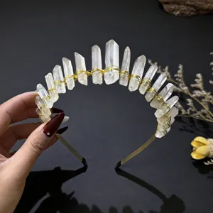 Crystal quartz tiara detail shot showcasing raw stone texture and delicate wire wrapping.