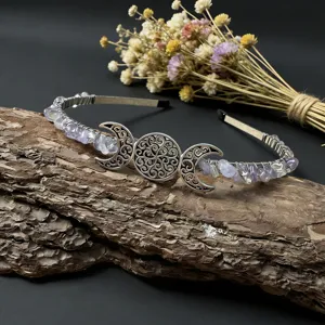 Exquisite handmade crystal moon stone tiara headband detail view, pagan festival hair accessory.