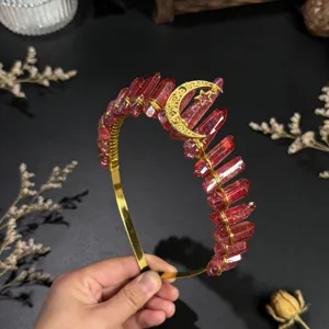 Red crystal crown headband with golden wire star and moon detail, perfect fashion hair accessory.
