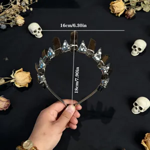 Gothic crystal crown headband with smoky quartz and skulls, perfect for Halloween party and photo props.