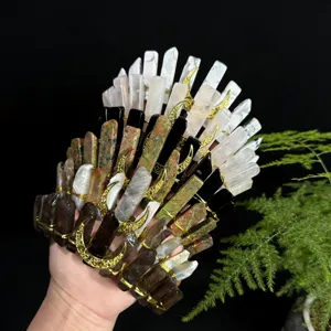Natürlicher Kristall Kronen Haarreif mit goldenem Mond Anhänger, böhmische Tiara.