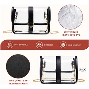 Détail de sac bandoulière transparent en PVC avec matière robuste personnalisée et bordure en cuir PU.