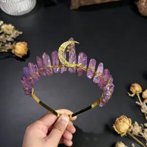 Amethyst crystal crown headband star moon charm gold wire wrap for women fashion festival gift