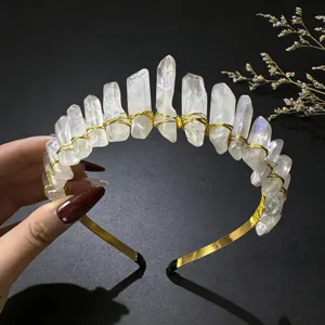 Natural White Crystal Crown Headband Raw Quartz Stone Hair Hoop Gold Wire Tiara