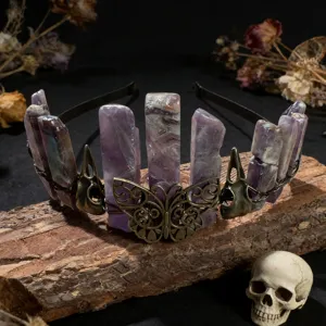 Natural crystal crown headband with gothic butterfly and raven skull design for women photography.