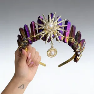 Handmade purple aura quartz crystal crown tiara with sun goddess pearl pendant for women.