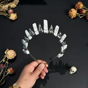 Natural crystal crown headband gothic silver skull hair hoop for halloween photo props fashion women accessories