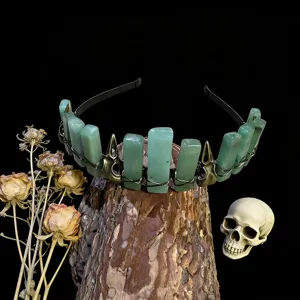 Gothic natural crystal crown headband with crow skull detail, unique dark style photo prop.