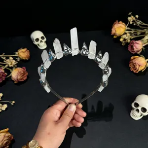 Gothic crystal crown headband with white quartz pillars and metal accessories for Halloween.