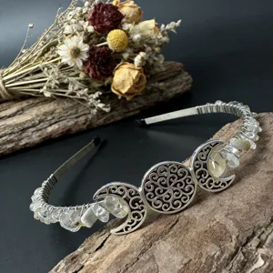 Handmade natural crystal chip moon headband, exquisite triple moon boho hair accessory.