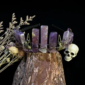 Gothic amethyst crystal crown headband with raven skull details for unique festival photo styling.