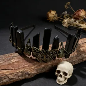 Gothic black crystal crown headband with bronze butterfly and skull accessories for women detail shot