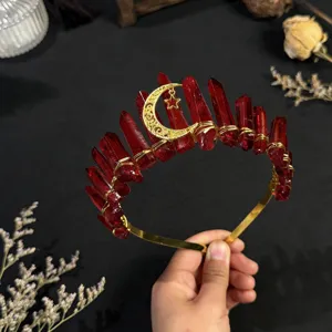 Natural crystal crown headband with gold wire moon star design for festival photography gift